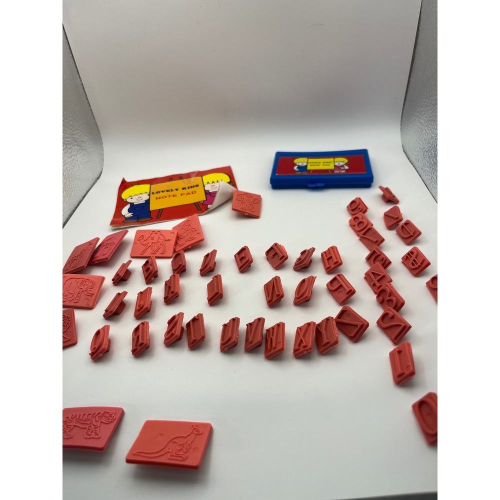 Vintage Little Kids Lovely Kids Note Pad Rubber Stamp Set Alphabet Animals Red